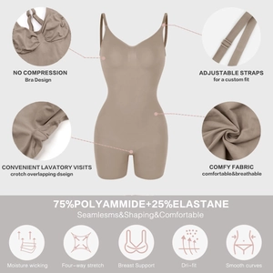 Detail view of seamless shapewear bodysuit with 75% polyamide fabric and breast support