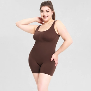 Detail view of coffee brown seamless bodysuit with wide straps and high-stretch fabric texture