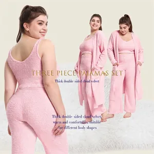 Women Plus Size Fleece Pajama Set Soft Warm Robe Camisole And Pants Top And Bottom Winter Loungewear Set For Ladies