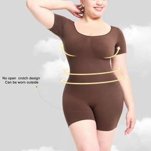 Short sleeve bodysuit shapewear in coffee brown color with sculpting elastic fit