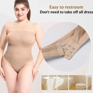 Flesh-colored strapless shapewear bodysuit with bottom hooks for easy restroom access