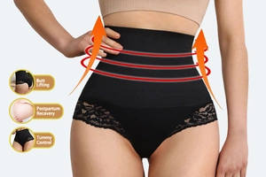 Detail view of high waist tummy control shapewear with lace trim and lifting effect