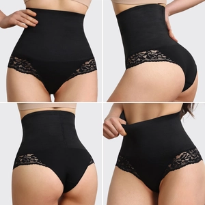 Culotte sculptante taille haute noire avec dentelle florale et vue sous quatre angles