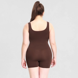 Rear view of seamless shaping bodysuit in deep brown with lift and firming effect