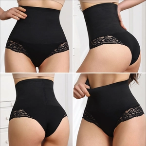 High waist tummy control shapewear in black lace, front, side and back views