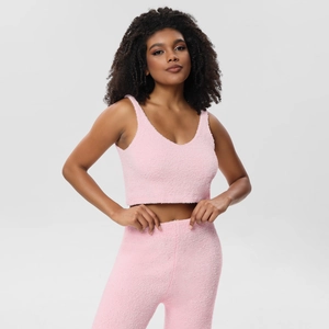 Pink plush 3-piece pajama set with V-neck camisole and high-waist pants for women