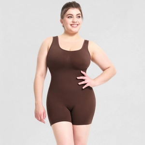 Detail of brown seamless shapewear bodysuit featuring a scoop neck and thigh-length cut