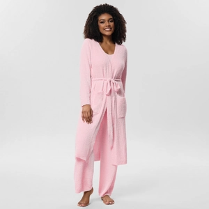 Pink three-piece plush pajama set with long robe, tank top and cozy straight pants