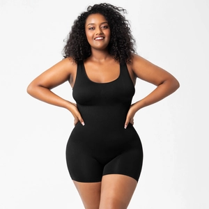 Black seamless shapewear bodysuit featuring a sleeveless U-neck and mid-thigh length design