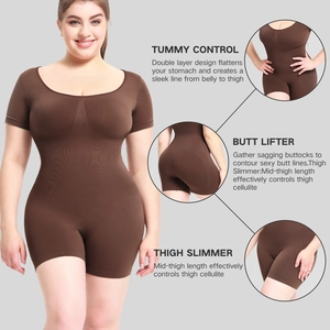 Detail view of brown shapewear bodysuit showing tummy control and butt lifting features