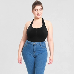 Detail of plus size halter bodysuit paired with high-waist jeans for body shaping effect