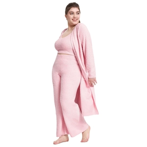 Pink 3-piece plush pajama set with camisole, wide-leg pants and cozy open cardigan