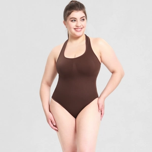 Close-up of halter neck detail on high-elasticity dark brown slimming bodysuit