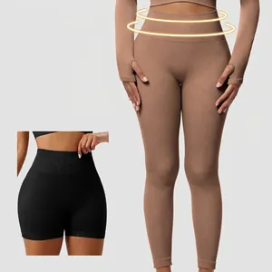 High waist seamless yoga leggings with thumb hole top set and matching shorts