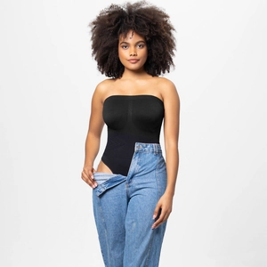 Detail view of seamless black tube top bodysuit with high-stretch shaping fabric