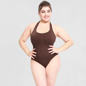 Close-up of deep coffee halter body shaper with seamless U-neck and elastic fabric