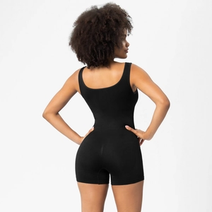 Back view of black sleeveless shapewear bodysuit showing deep U-shaped open back design