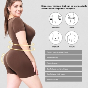 Detail of coffee-colored shapewear bodysuit showing tummy control and butt lifting features