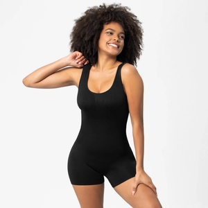 Detailed view of black seamless slimming bodysuit with wide straps and U-neckline