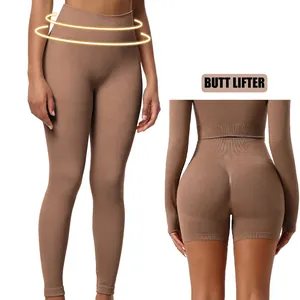 Brown high waist ribbed seamless yoga leggings with butt lifter compression design