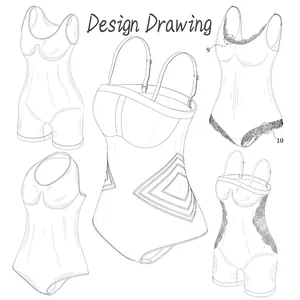 Detaillierte Designzeichnung verschiedener Shapewear-Bodysuits mit Spitze und Nähten