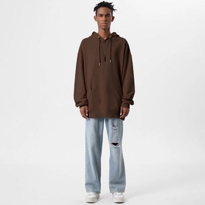 Oversized deep brown heavyweight cotton hoodie with kangaroo pocket and drop shoulder design
