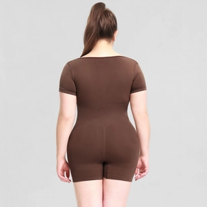Rear view of brown short-sleeve bodysuit showing waist-slimming fit and lifting cut