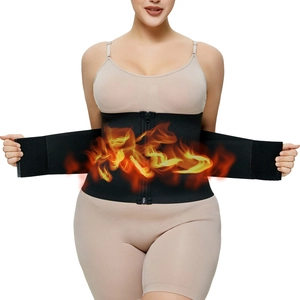 Detail of black waist trainer with metal zipper and adjustable compression straps for shaping