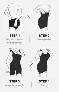 Visual step-by-step guide showing how to wear the black shapewear bodysuit properly