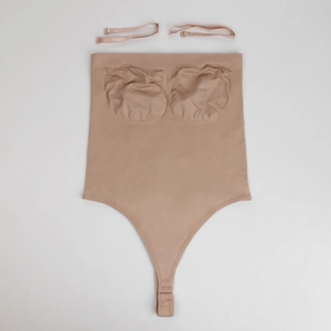 Close-up of high-elastic seamless shapewear bodysuit with adjustable straps and ribbing