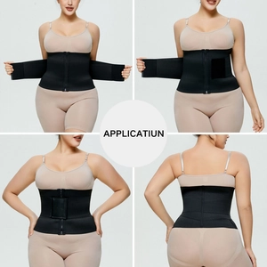 Detail view of black waist trainer with front zipper and dual compression straps for support