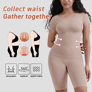 Detail showing high-waist seamless compression shorts with tummy control in nude color