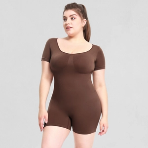 Detailed view of deep brown short sleeve shapewear bodysuit with seamless knit texture