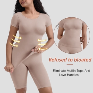 Close-up showing the tummy control effect and compression of the nude shapewear bodysuit