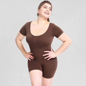 Close-up of dark brown ribbed short sleeve slimming bodysuit showing high elasticity fabric