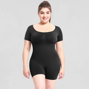 Detail view of high-elastic black waist-shaping bodysuit showing the knitted fabric texture