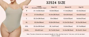 Detailed size chart for ribbed solid bodysuit showing S to XXXL measurements in cm and inches