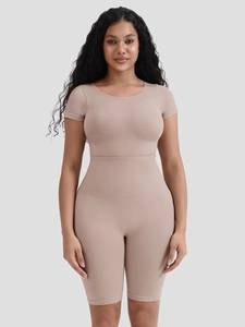 Close-up of seamless nude shapewear set with high-waist tummy control and round neck