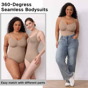 Detailed view of seamless beige bodysuit featuring fine straps and a V-neckline design