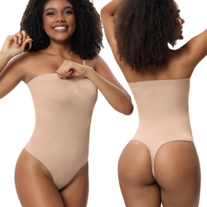 Seamless nude shapewear bodysuit with thin straps and thong cut, front and back view