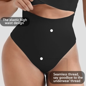 High waist seamless tummy control thong for women with elastic ribbed shaping fabric