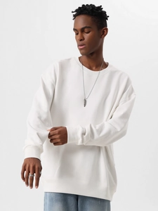 Men's oversized white crewneck cotton sweatshirt with drop shoulders and ribbed cuffs