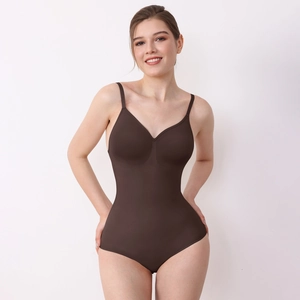 Detailed view of dark brown shapewear bodysuit with adjustable thin straps and v-neck