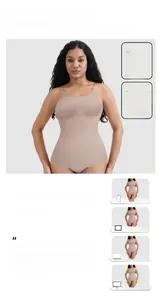 Detail view of seamless beige shapewear tank top with model size chart and measurements