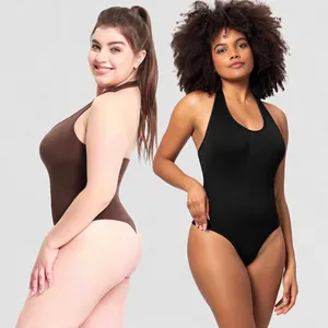 Women Halter Neck Shapewear Bodysuit Tummy Control Thong Back Crotch Snap Ribbed Knitted Backless Slimming One Piece Top