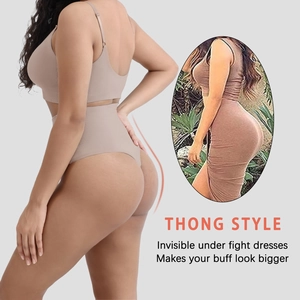 Detail of high waist thong shapewear in beige ribbed fabric for tummy control