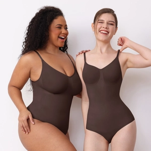 Detail view of seamless dark brown shaping bodysuit with thin straps on diverse models