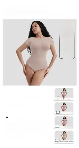 Detail view of beige ribbed short sleeve bodysuit with model body size parameters