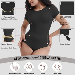 Women's black short sleeve shapewear bodysuit with tummy control and rib-knit texture