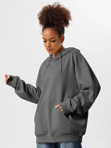 Oversized dark grey hoodie for women featuring a drawstring hood and kangaroo pocket